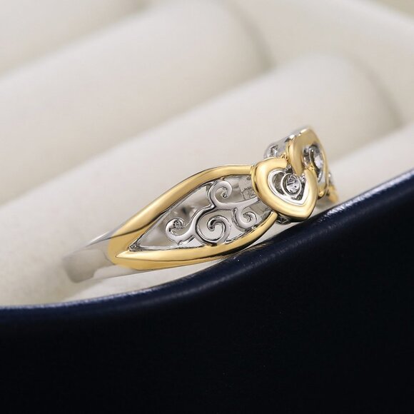 ✨ Lovely Double Heart Carved Flower Two Color Plated Rings for Women, PD697 - Picture 3 of 10